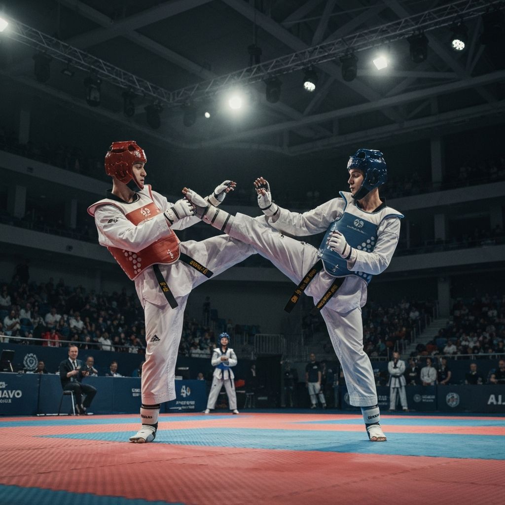 Taekwondo sparring match in competition arena