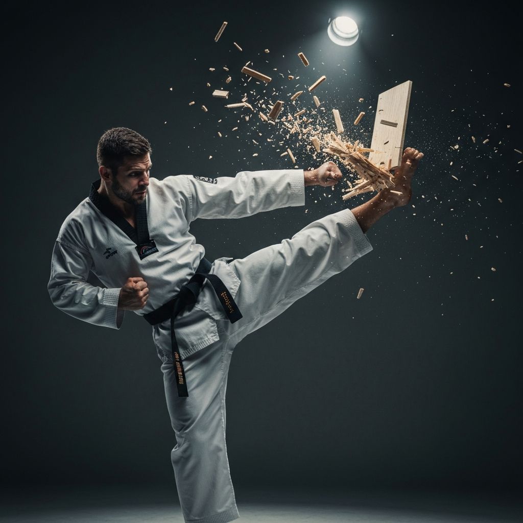 Black belt breaking a wooden board with a side kick