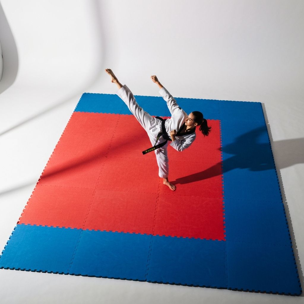 Practitioner performing a spinning kick on training mat