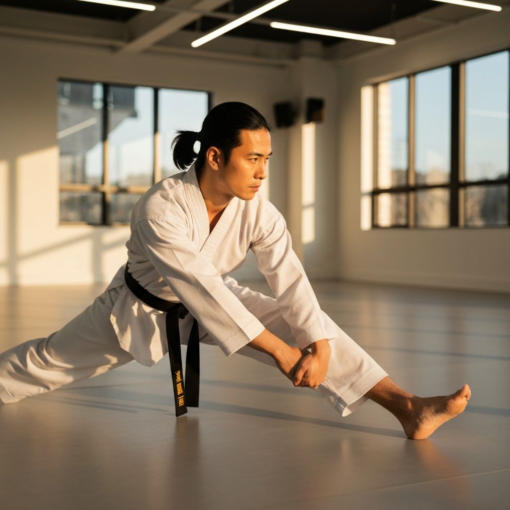 Student stretching before class in the dojo