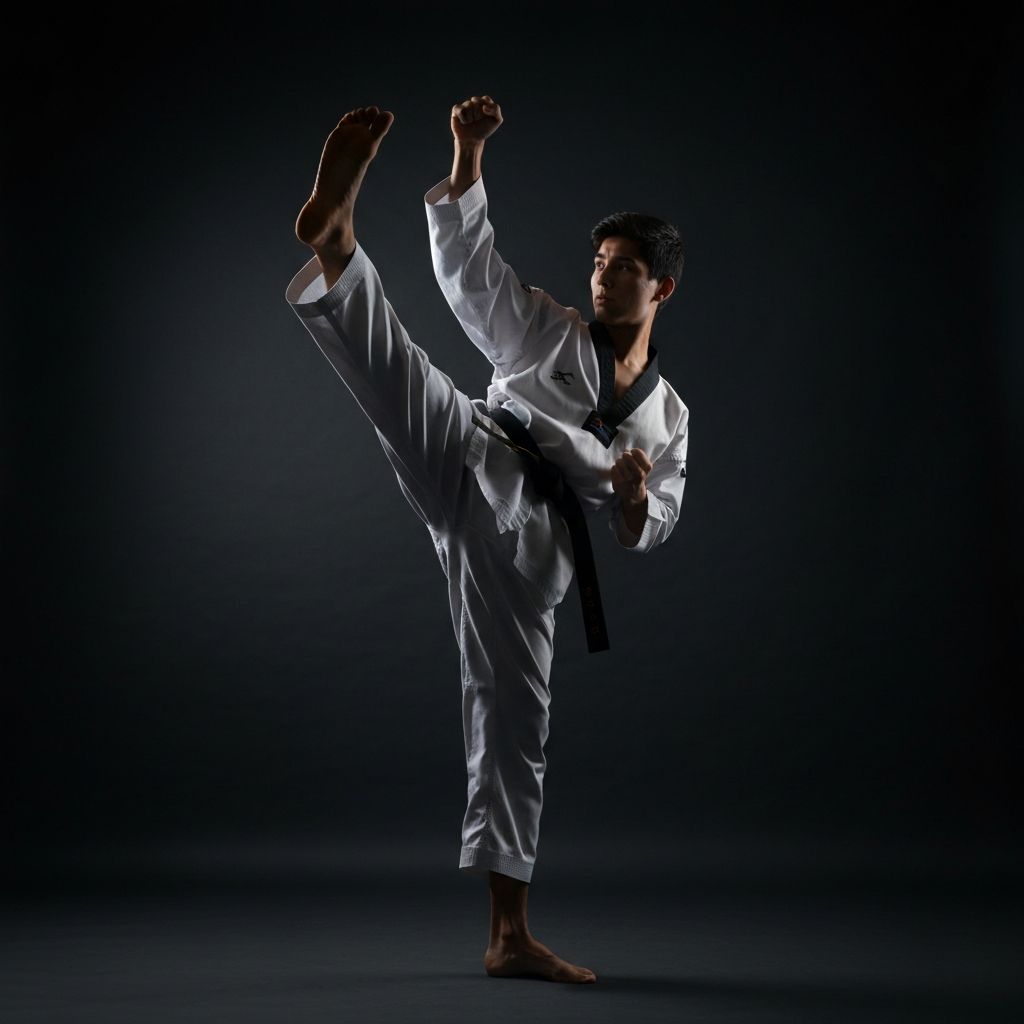 Taekwondo athlete performing a high kick